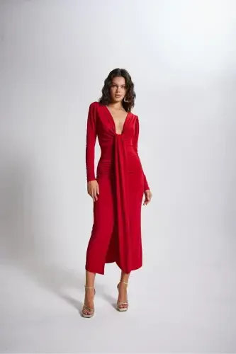 V-Neck Watermelon Sleeve Maxi Moonlight Dress Red - 2