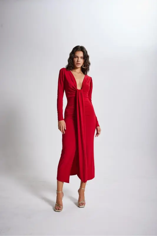 V-Neck Watermelon Sleeve Maxi Moonlight Dress Red - 3