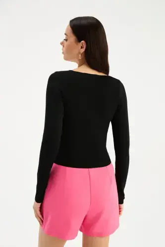 V-образный Трикотажный Кроп-топ - Черный-ЧЕРНЫЙ - 5