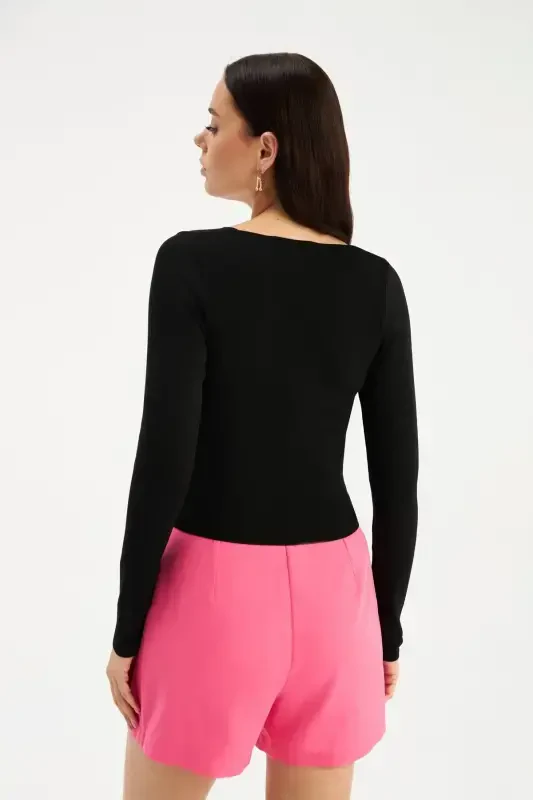 V-образный Трикотажный Кроп-топ - Черный-ЧЕРНЫЙ - 5