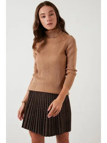 В рубчик Regular Fit Водолазка Мягкий Акриловый Свитер 4614102-Коричневый - 1