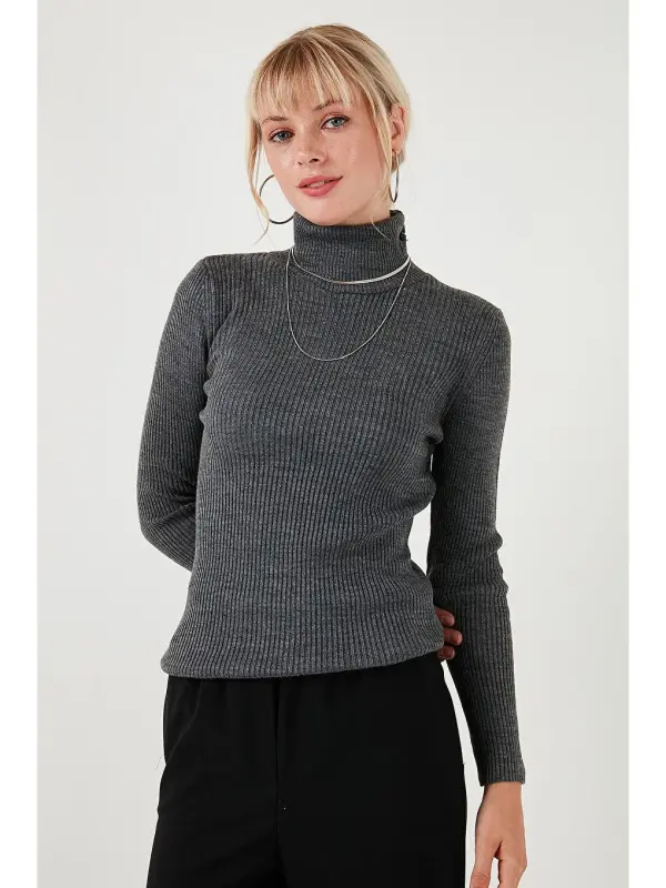 В рубчик Regular Fit Водолазка Мягкий Акриловый Свитер 4614102-Серый - 2