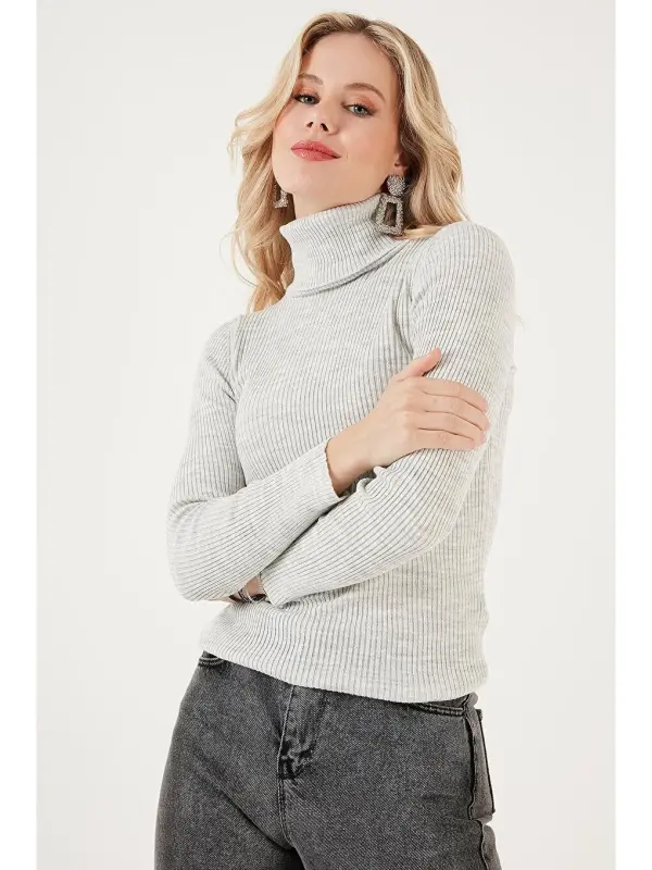 В рубчик Regular Fit Водолазка Мягкий Акриловый Свитер 4614102-Серый - 4