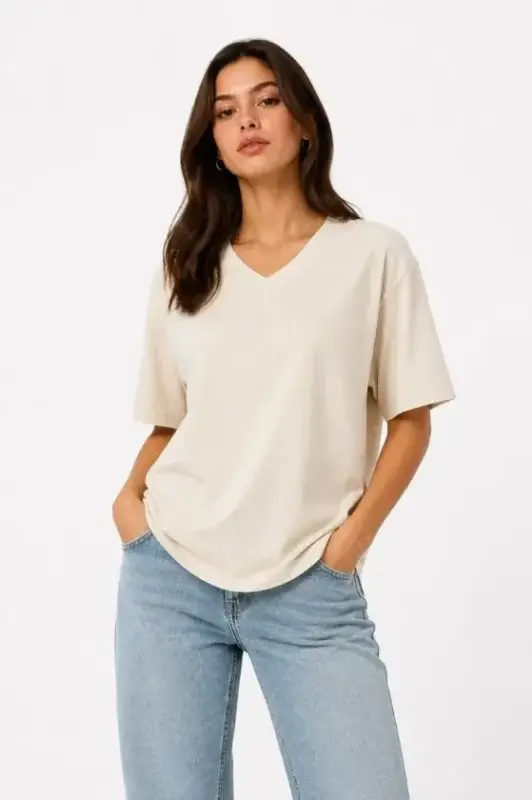 V Yaka Basic Tişört Kısa Kol Yazlık Regular Fit T-Shirt - Bej - BÜYÜKBEDENIZ
