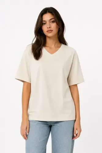 V Yaka Basic Tişört Kısa Kol Yazlık Regular Fit T-Shirt - Bej - 3