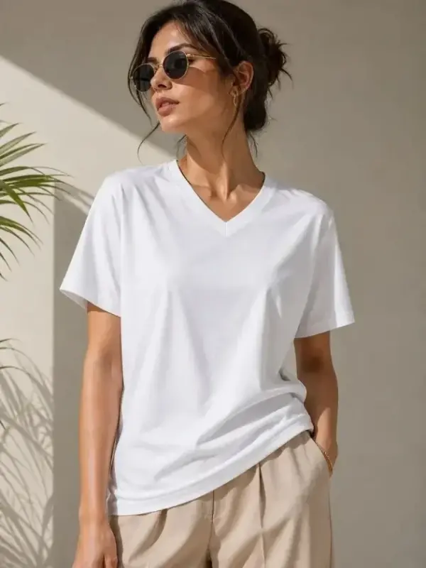 V Yaka Basic Tişört Kısa Kol Yazlık Regular Fit T-Shirt - Beyaz - BÜYÜKBEDENIZ