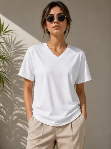 V Yaka Basic Tişört Kısa Kol Yazlık Regular Fit T-Shirt - Beyaz - BÜYÜKBEDENIZ (1)