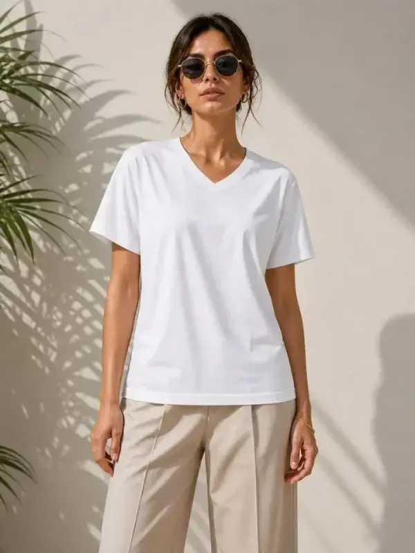 V Yaka Basic Tişört Kısa Kol Yazlık Regular Fit T-Shirt - Beyaz - 3