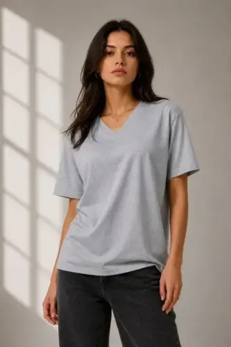V Yaka Basic Tişört Kısa Kol Yazlık Regular Fit T-Shirt - Gri - 1