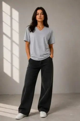 V Yaka Basic Tişört Kısa Kol Yazlık Regular Fit T-Shirt - Gri - 2