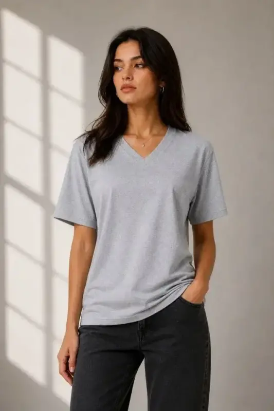 V Yaka Basic Tişört Kısa Kol Yazlık Regular Fit T-Shirt - Gri - 3