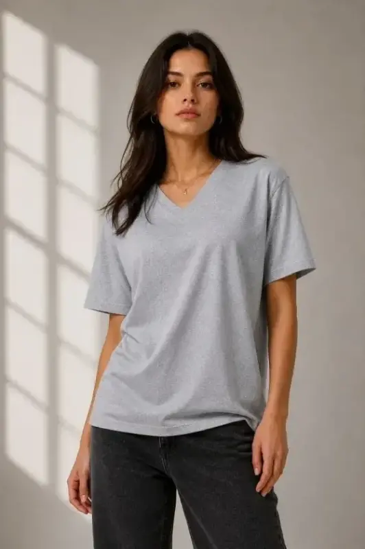 V Yaka Basic Tişört Kısa Kol Yazlık Regular Fit T-Shirt - Gri - BÜYÜKBEDENIZ