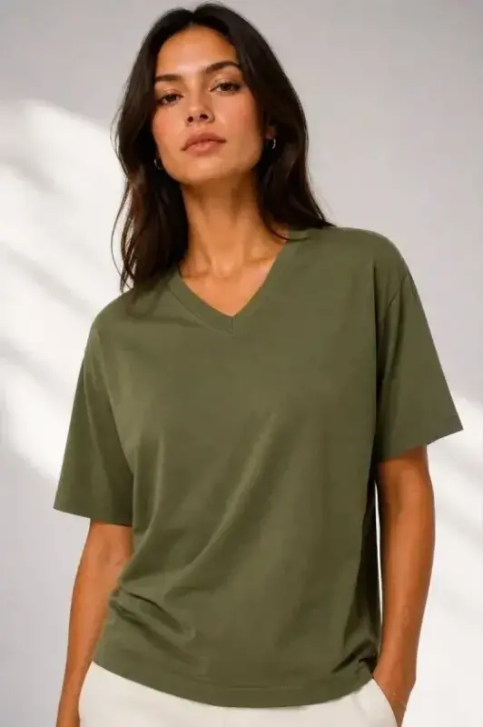 V Yaka Basic Tişört Kısa Kol Yazlık Regular Fit T-Shirt - Haki - BÜYÜKBEDENIZ