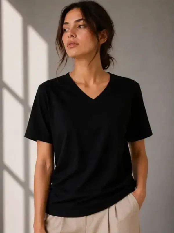 V Yaka Basic Tişört Kısa Kol Yazlık Regular Fit T-Shirt - Siyah - BÜYÜKBEDENIZ