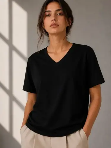 V Yaka Basic Tişört Kısa Kol Yazlık Regular Fit T-Shirt - Siyah - 4