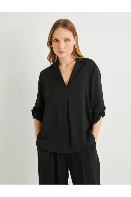 V Yaka Bluz Katlamali Kollu Regular Fit-Siyah - 3
