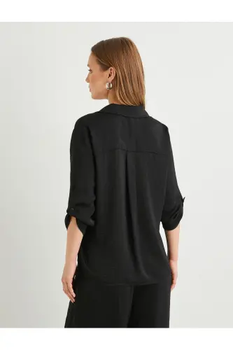 V Yaka Bluz Katlamali Kollu Regular Fit-Siyah - 4