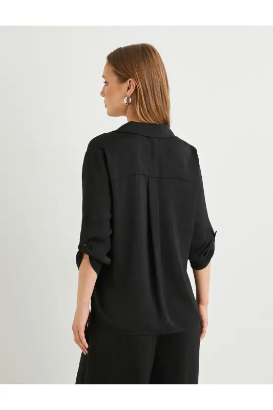 V Yaka Bluz Katlamali Kollu Regular Fit-Siyah - 4