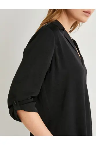 V Yaka Bluz Katlamali Kollu Regular Fit-Siyah - 5