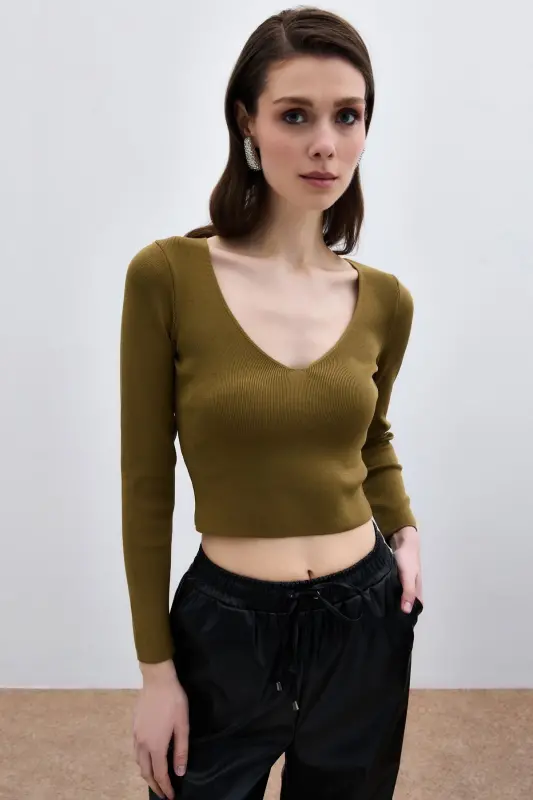 V Yaka Crop Triko - Küf Yeşili - KÜF YEŞİLİ - SATEEN