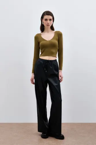 V Yaka Crop Triko - Küf Yeşili - KÜF YEŞİLİ - SATEEN (1)
