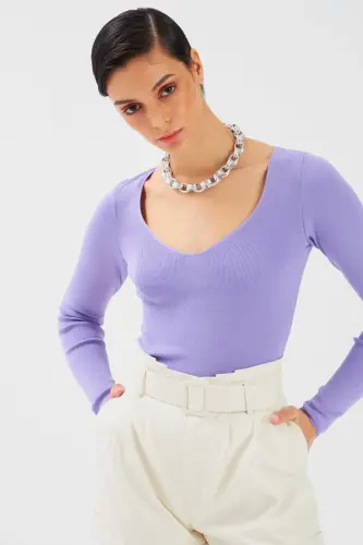 V Yaka Crop Triko - Lila - LİLA - 1