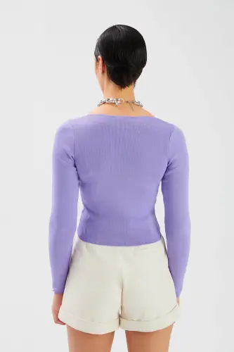V Yaka Crop Triko - Lila - LİLA - 3