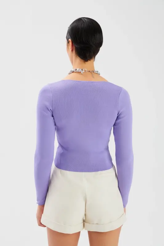 V Yaka Crop Triko - Lila - LİLA - 3