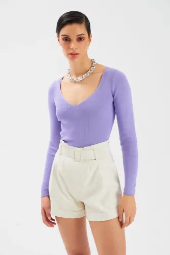 V Yaka Crop Triko - Lila - LİLA - 5