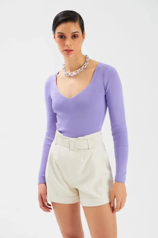 V Yaka Crop Triko - Lila - LİLA - 5