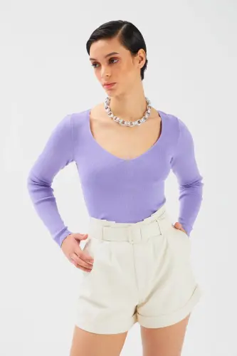 V Yaka Crop Triko - Lila - LİLA - 6