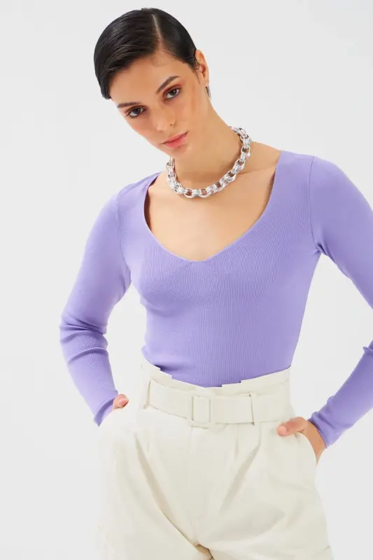 V Yaka Crop Triko - Lila - LİLA - SATEEN