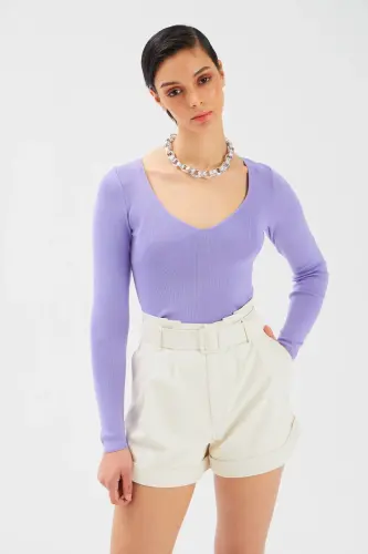 V Yaka Crop Triko - Lila - LİLA - SATEEN (1)
