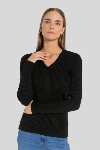 Kadın V Yaka Slim Fit Fitilli Uzun Kışlık Ekru Triko Kazak - Siyah 