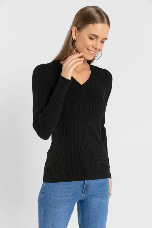 Kadın V Yaka Slim Fit Fitilli Uzun Kışlık Ekru Triko Kazak - Siyah - 2