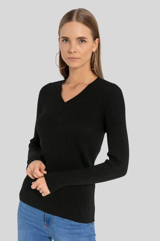 Kadın V Yaka Slim Fit Fitilli Uzun Kışlık Ekru Triko Kazak - Siyah - 3