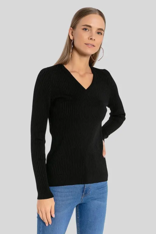 Kadın V Yaka Slim Fit Fitilli Uzun Kışlık Ekru Triko Kazak - Siyah - 4