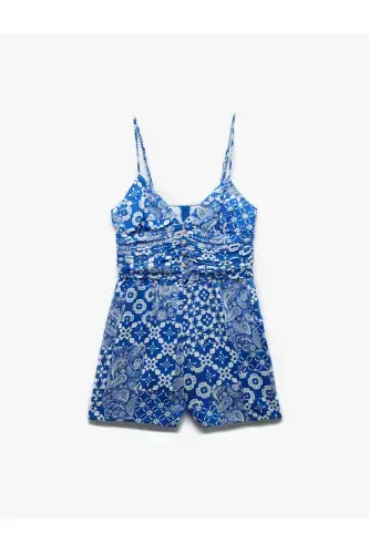 V Yaka İp Askılı Düğmeli Viskon Mini Şortlu Tulum - 3