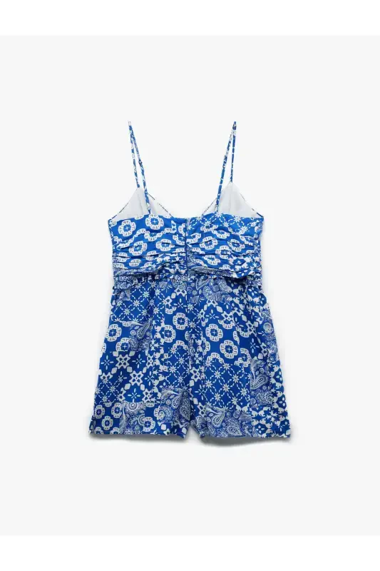 V Yaka İp Askılı Düğmeli Viskon Mini Şortlu Tulum - 4