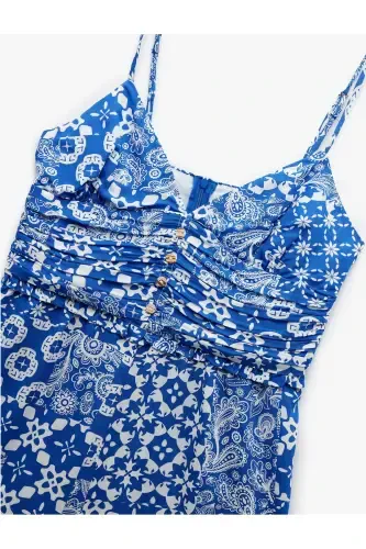 V Yaka İp Askılı Düğmeli Viskon Mini Şortlu Tulum - 5