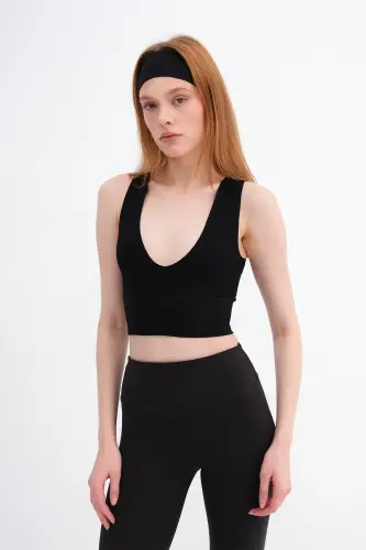 V Yaka Seamless Crop A0131-DK8 - Siyah - 5