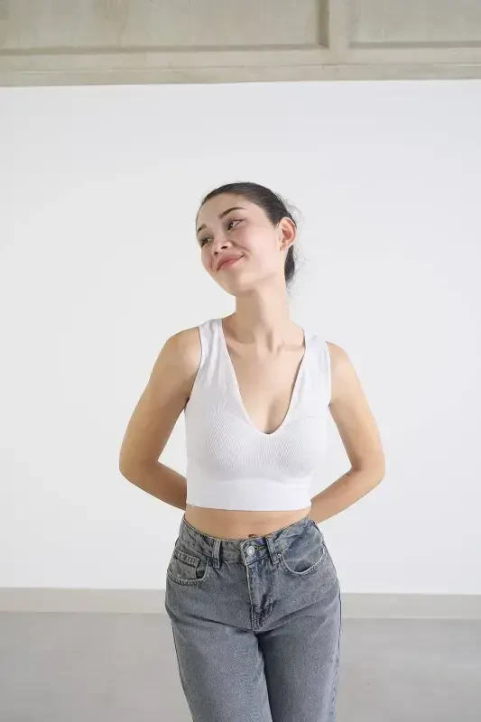 V Yaka Kalın Askılı Seamless Crop A0131-dk8-Beyaz - 3