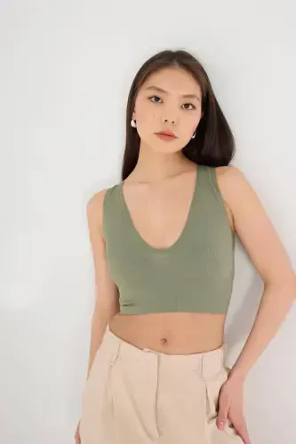 V Yaka Kalın Askılı Seamless Crop A0131-dk8-Haki - 4