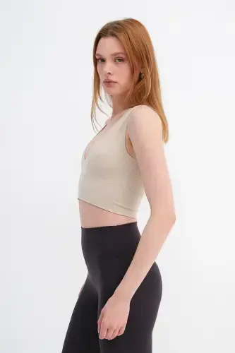 V Yaka Kalin Askılı Seamless Crop A0131-dk8-Taş - 4
