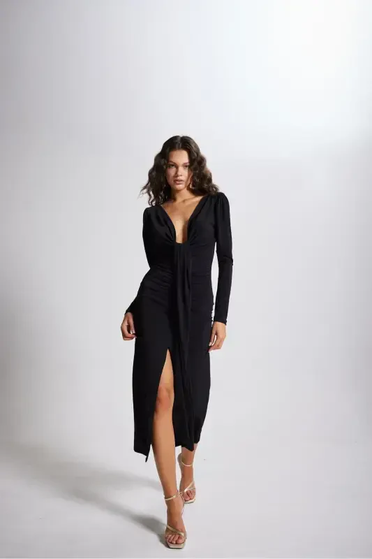 V Yaka Karpuz Kol Maxi Moonlight Elbise Siyah-Siyah - 1