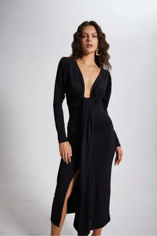 V Yaka Karpuz Kol Maxi Moonlight Elbise Siyah-Siyah - 2