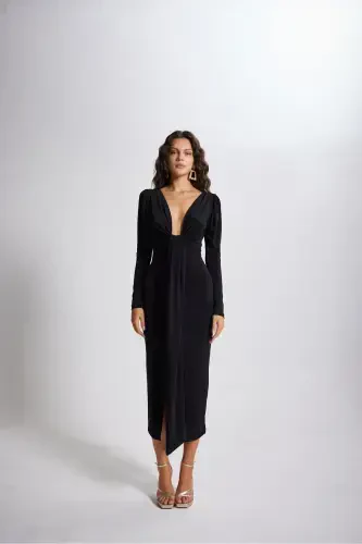 V Yaka Karpuz Kol Maxi Moonlight Elbise Siyah-Siyah - 3