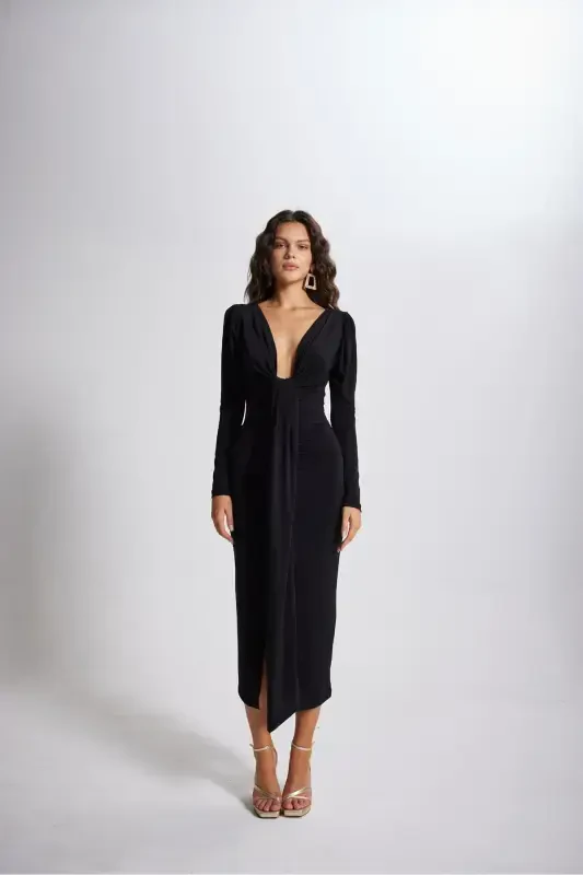 V Yaka Karpuz Kol Maxi Moonlight Elbise Siyah-Siyah - 3