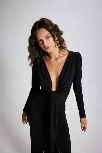 V Yaka Karpuz Kol Maxi Moonlight Elbise Siyah-Siyah - 4