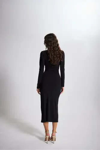 V Yaka Karpuz Kol Maxi Moonlight Elbise Siyah-Siyah - 5